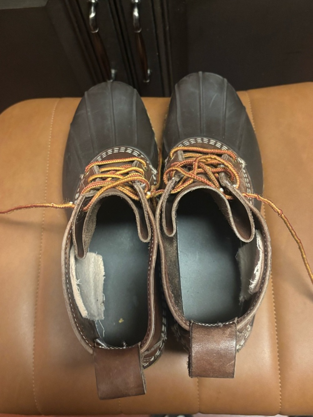 L L Bean Men's Leather top laced up dark brown and tan boots- size HM / 10